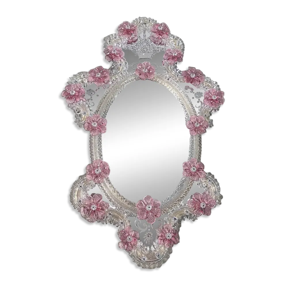 Miroir ovale floral rose vénitien classique en verre de Murano sculpté à la main