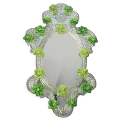 Miroir ovale vert floral en verre de Murano taillé à la main – Italien années 2000