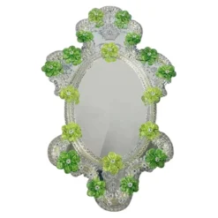 Miroir ovale vert floral en verre de Murano taillé à la main – Italien années 2000