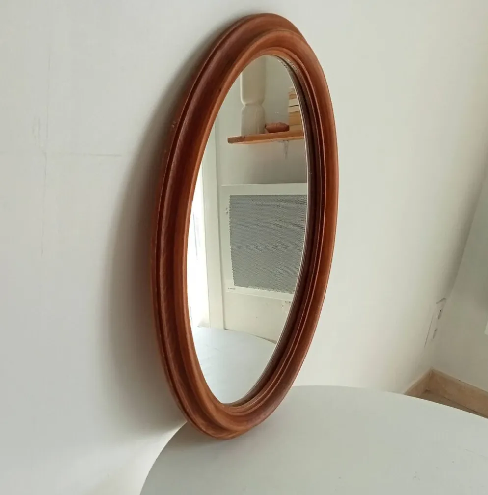 Miroir ovale vintage en chêne massif années 60/70