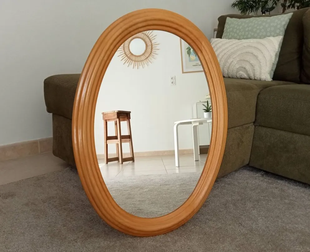 Miroir ovale vintage en hêtre années 70/80
