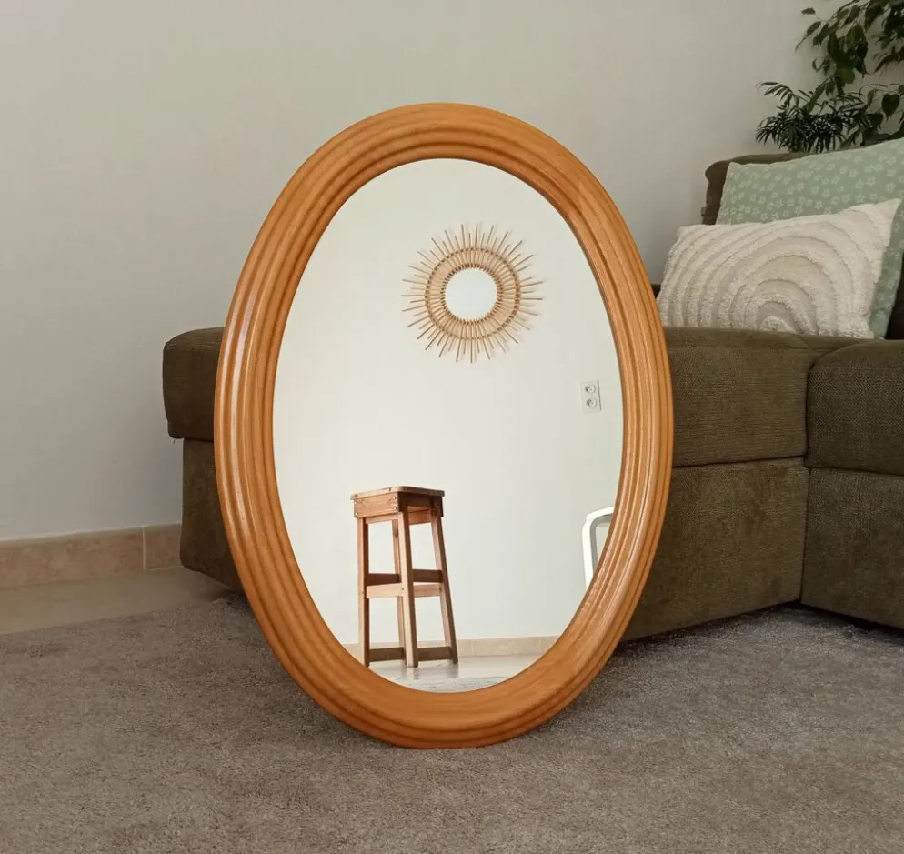 Miroir ovale vintage en hêtre années 70/80