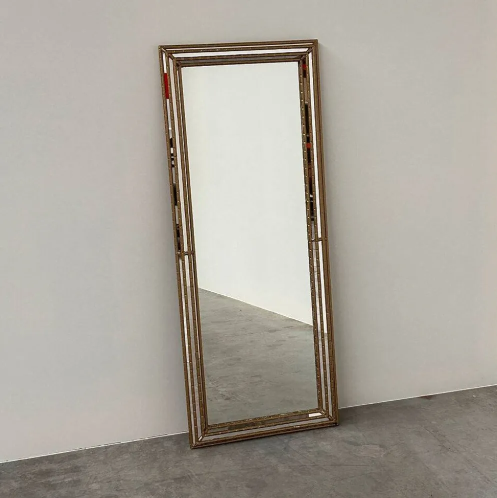 Miroir plein longueur en faux bambou doré vintage – Hollywood Regency, années 1980