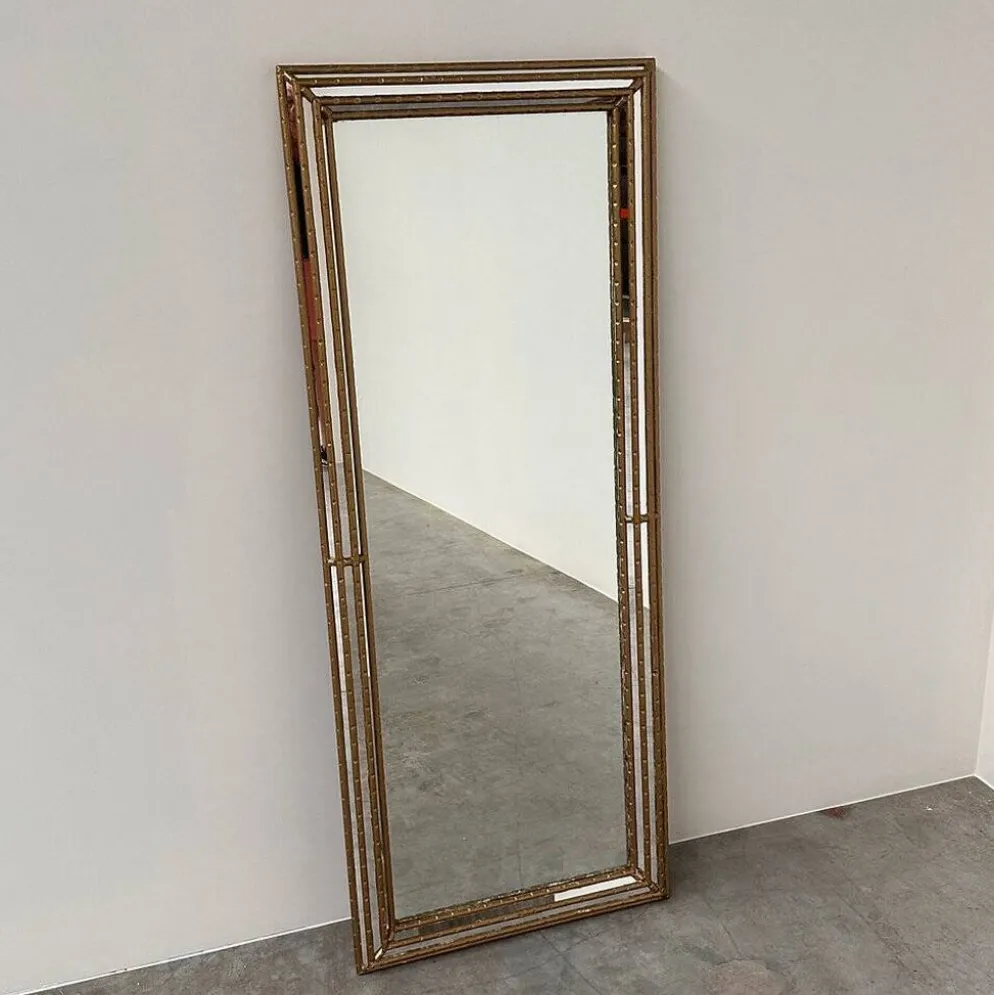 Miroir plein longueur en faux bambou doré vintage – Hollywood Regency, années 1980