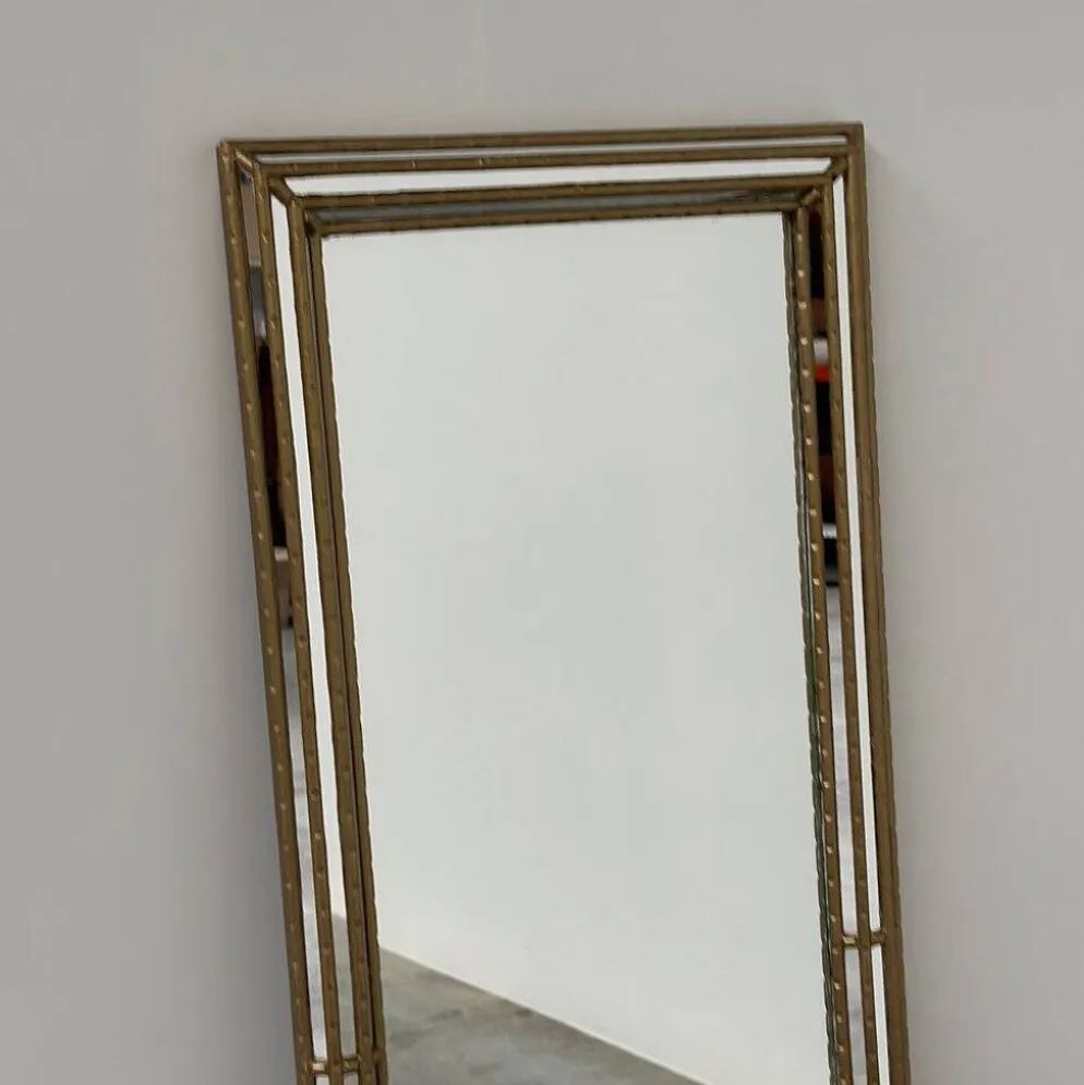 Miroir plein longueur en faux bambou doré vintage – Hollywood Regency, années 1980