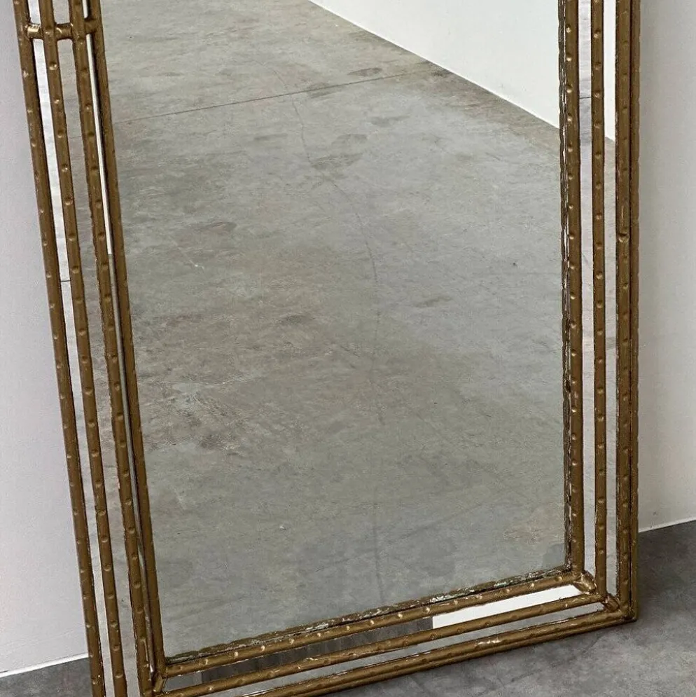Miroir plein longueur en faux bambou doré vintage – Hollywood Regency, années 1980