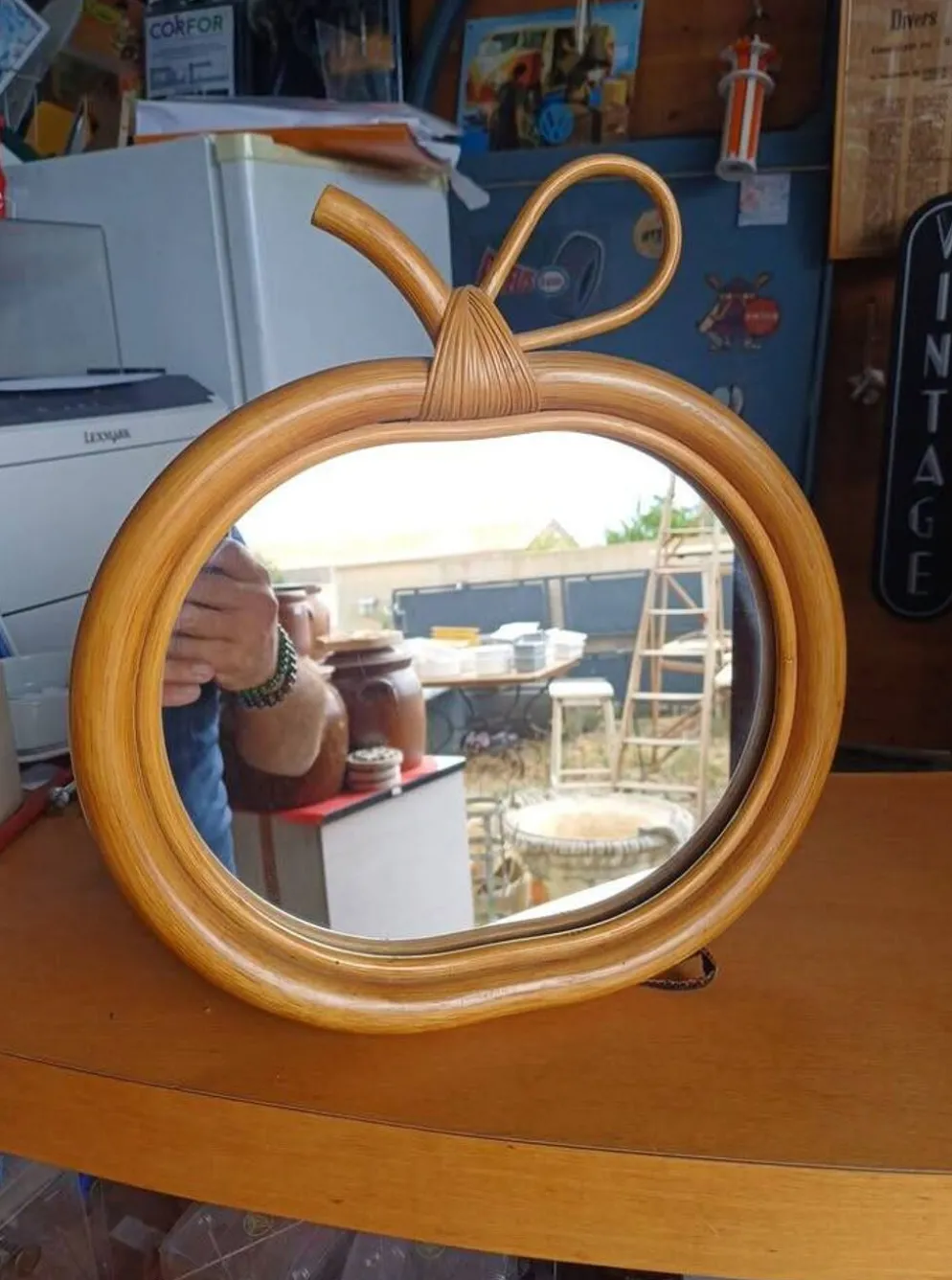Miroir pomme en rotin vintage / osier - Années 60/70