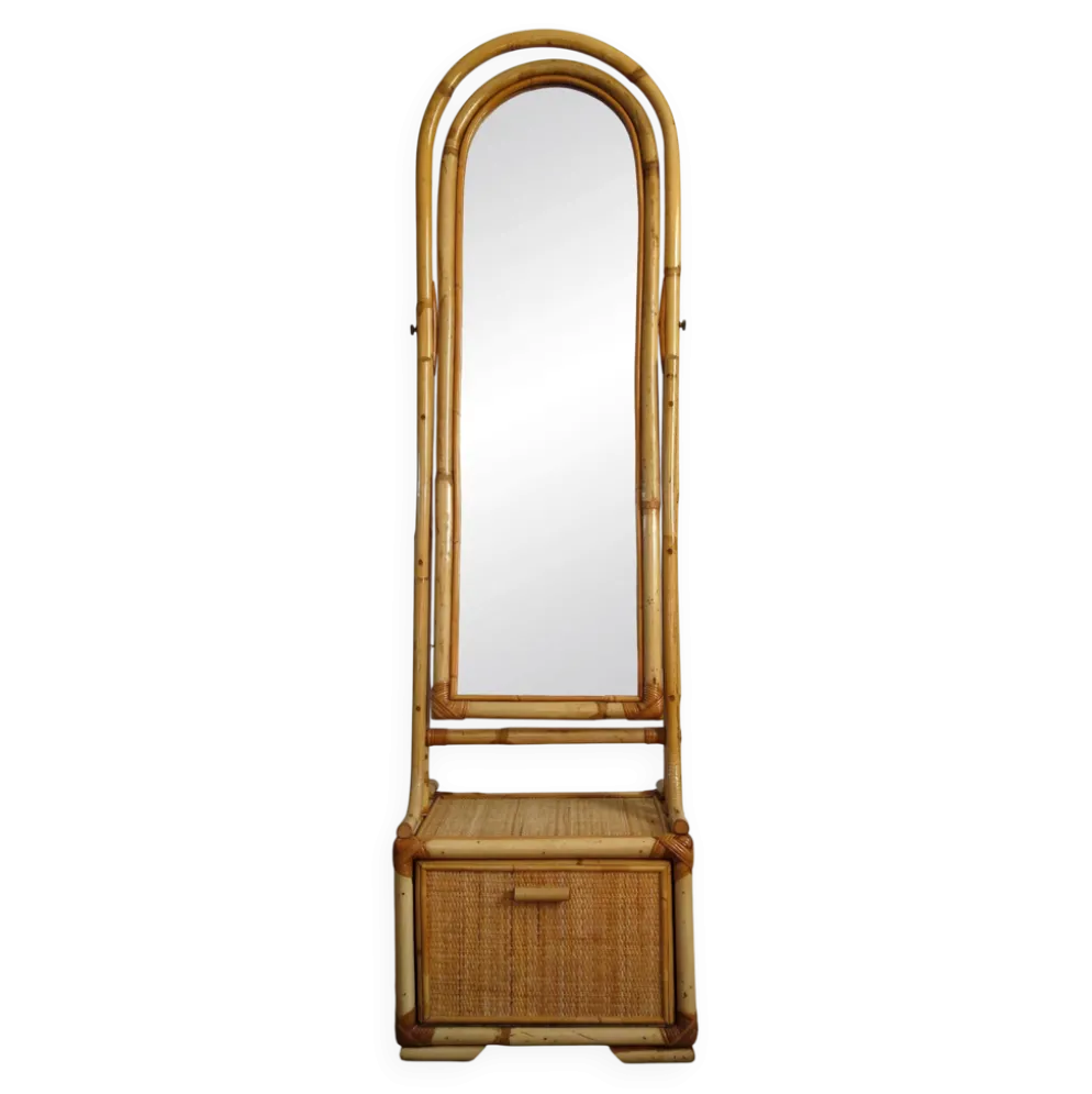 Miroir psyché osier tressé et bambou, années 70/80