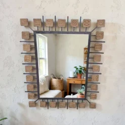 Miroir rectangulaire brutaliste en fer forgé et carreaux en terre cuite