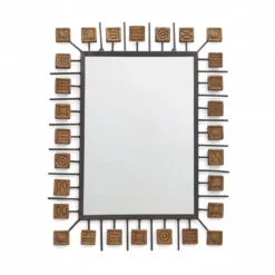 Miroir rectangulaire brutaliste en fer forgé et carreaux en terre cuite