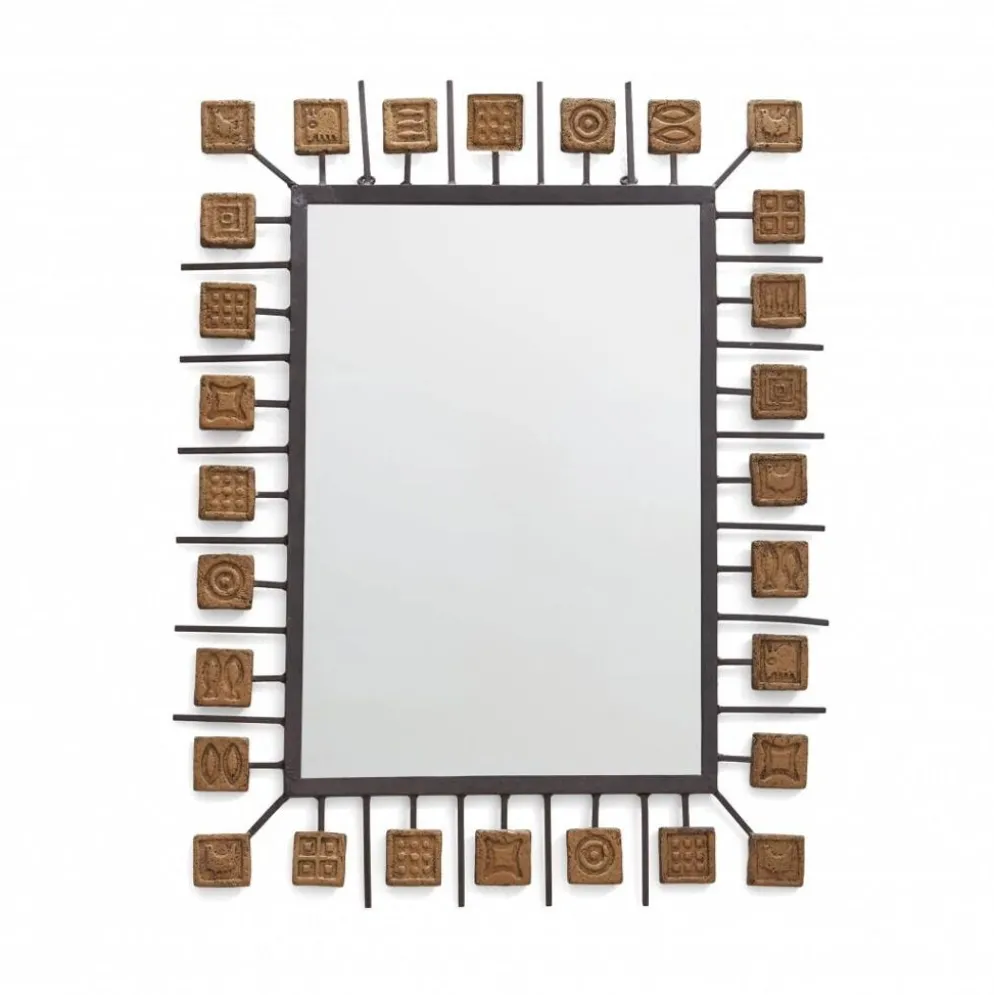 Miroir rectangulaire brutaliste en fer forgé et carreaux en terre cuite