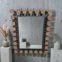 Miroir rectangulaire brutaliste en fer forgé et carreaux en terre cuite