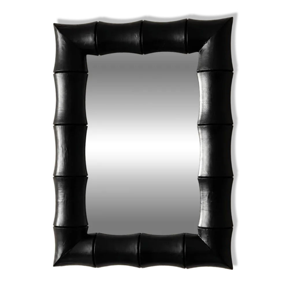 Miroir rectangulaire en bois patiné noir façon bambou – 68 × 100 cm