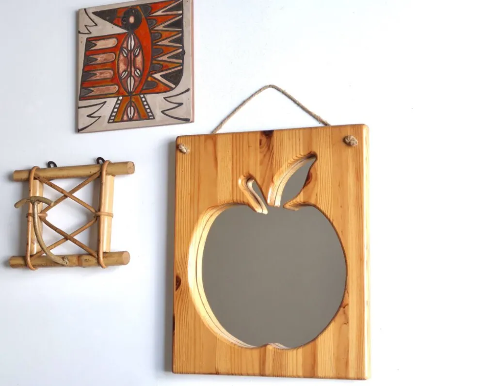 Miroir rectangulaire pomme en bois de pin et corde