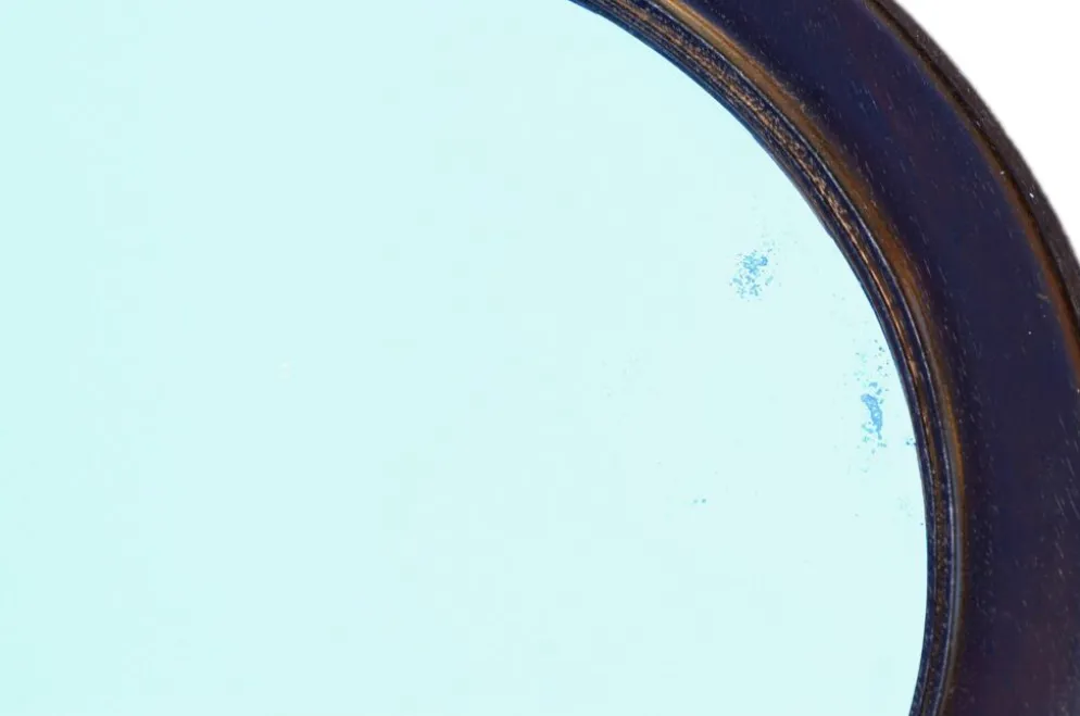 Miroir rond en chêne massif, biseauté, abimé, diamètre 56cm