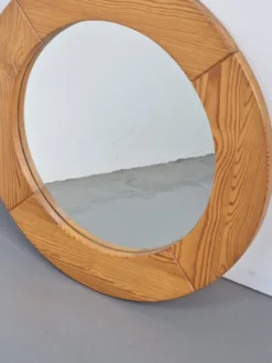 Miroir rond en pin scandinave vintage, années 1970