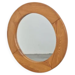 Miroir rond en pin scandinave vintage, années 1970