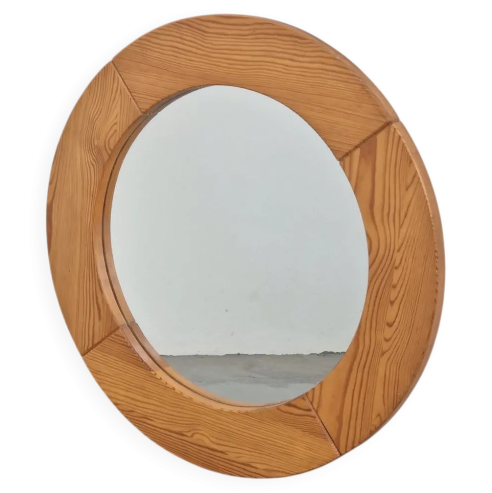 Miroir rond en pin scandinave vintage, années 1970
