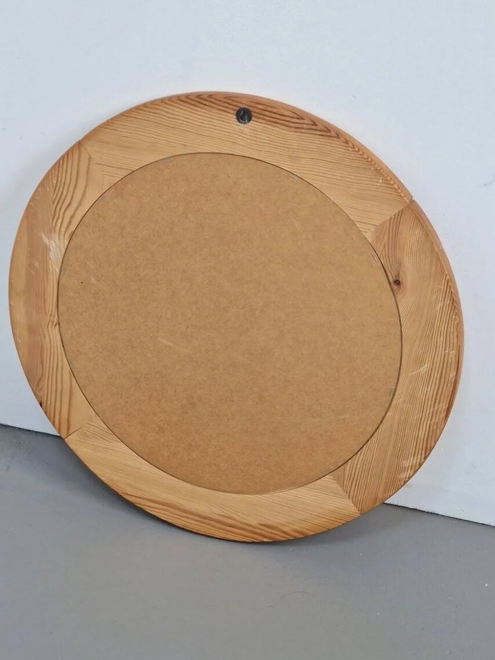 Miroir rond en pin scandinave vintage, années 1970