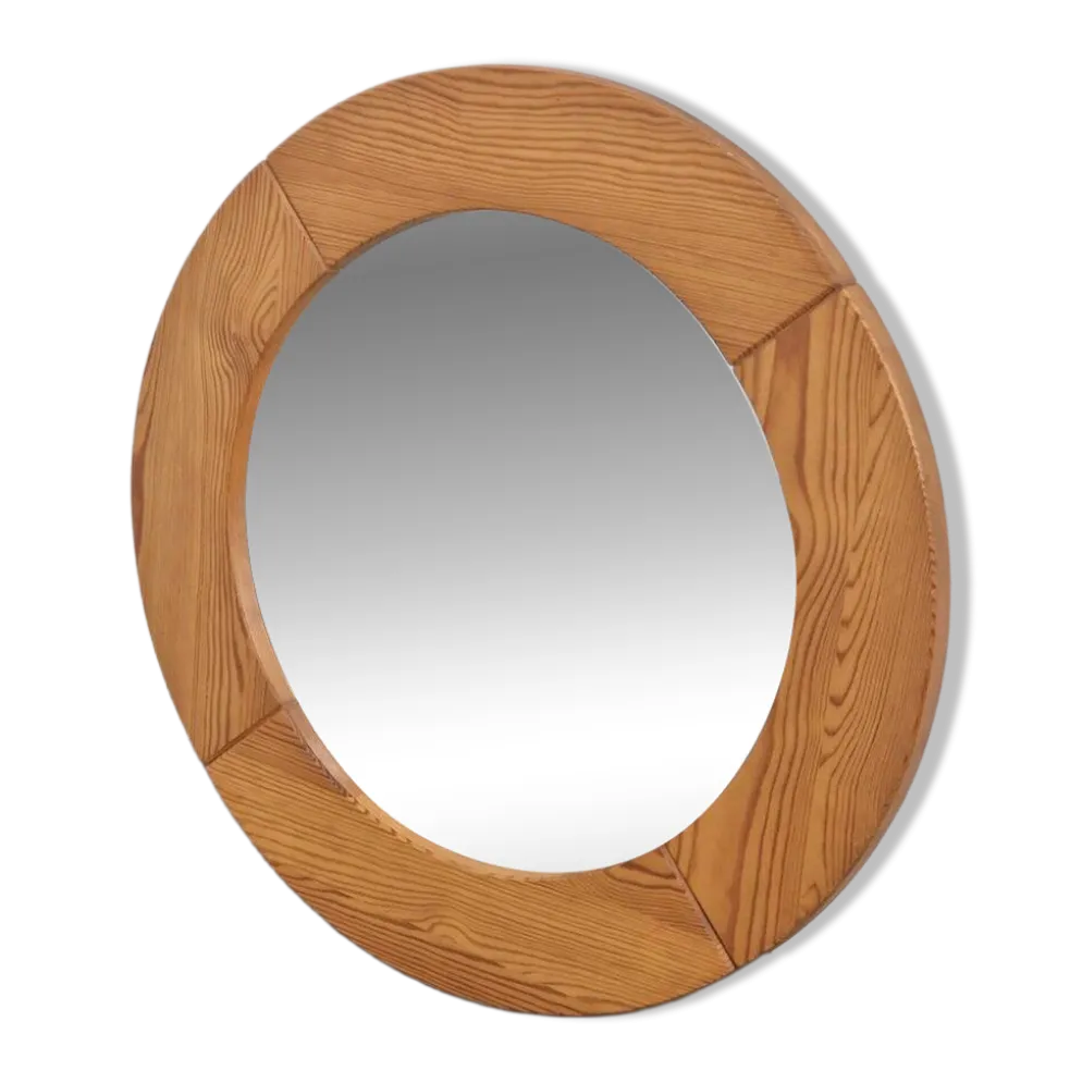 Miroir rond en pin scandinave vintage, années 1970