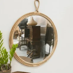 Miroir rond en rotin avec anneau