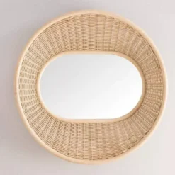 Miroir rond et convexe en rotin tressé