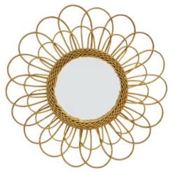 Miroir rond fleur soleil en rotin osier bois vintage 1960 1970 55 cm folk