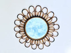 Miroir rond fleur soleil en rotin osier fumé vintage 1960 1970 47 cm folk