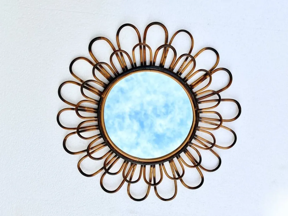 Miroir rond fleur soleil en rotin osier fumé vintage 1960 1970 47 cm folk