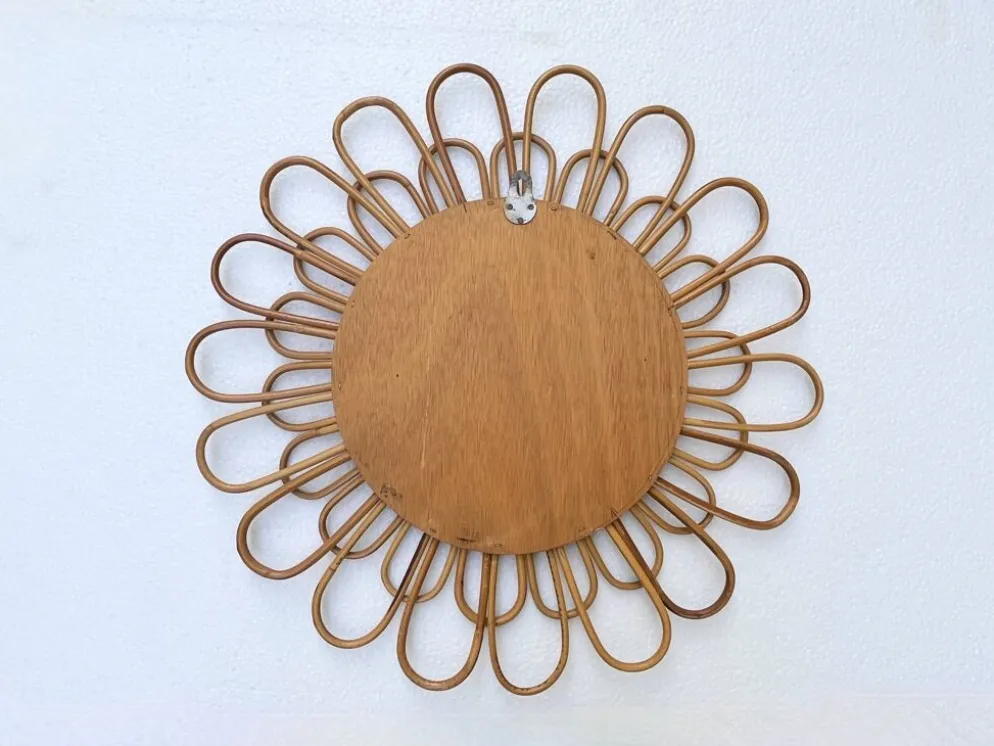 Miroir rond fleur soleil en rotin osier fumé vintage 1960 1970 47 cm folk