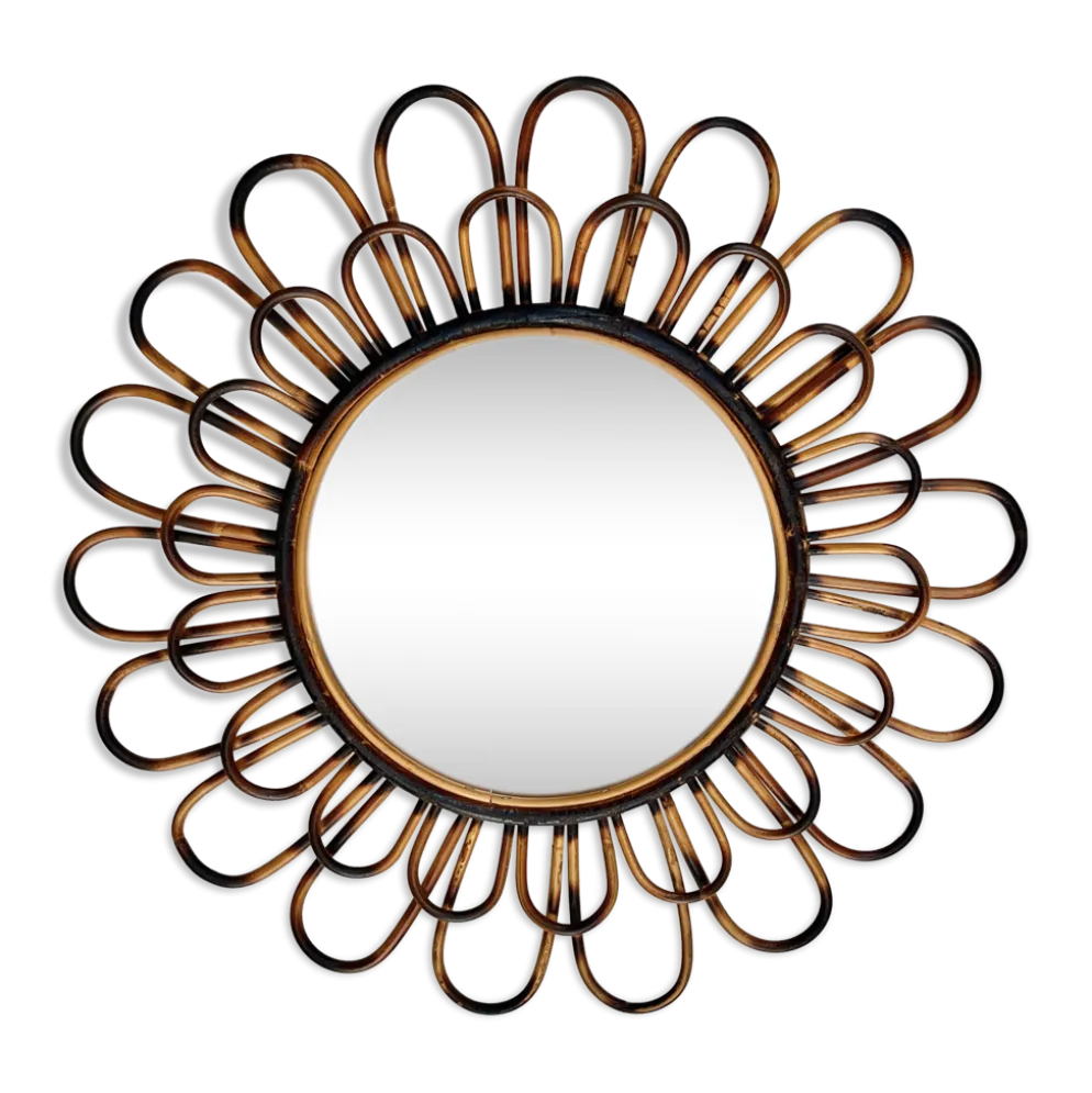 Miroir rond fleur soleil en rotin osier fumé vintage 1960 1970 47 cm folk