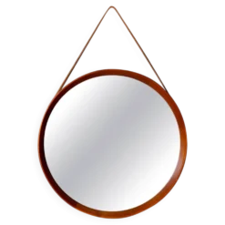 Miroir rond moderne du milieu du siècle en cuir et teck par Glas & Trä Hovmantorp Suède