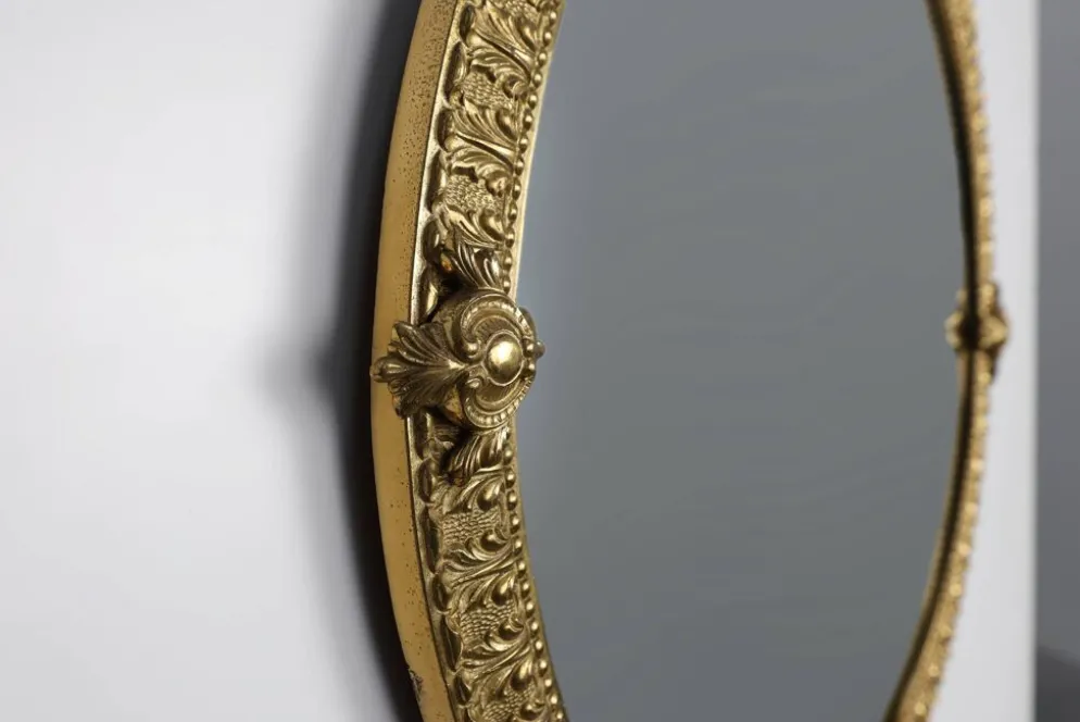 Miroir rond néoclassique français en finition cuivre, 20e siècle
