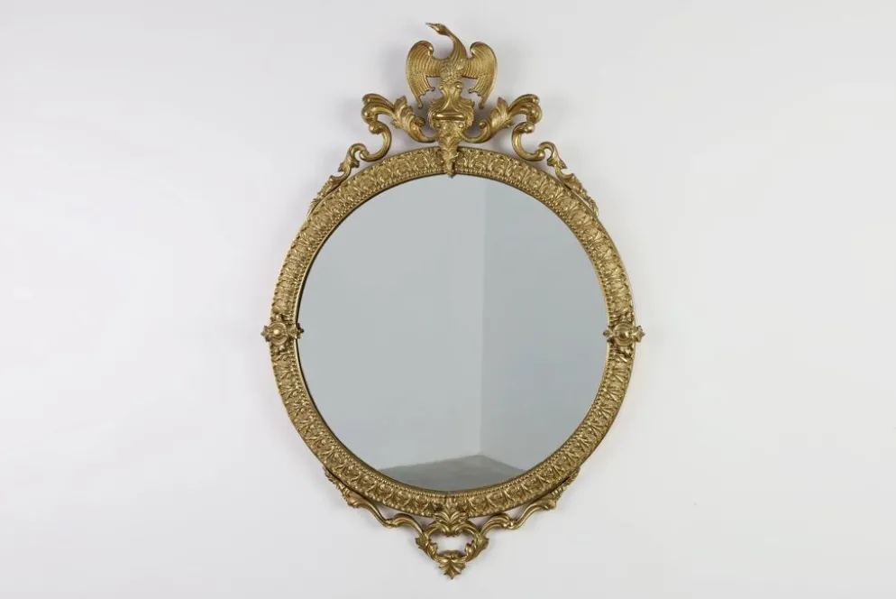 Miroir rond néoclassique français en finition cuivre, 20e siècle