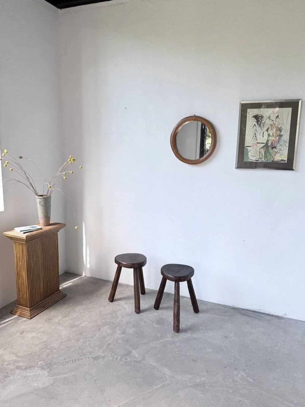 Miroir rond osier tressé 1960