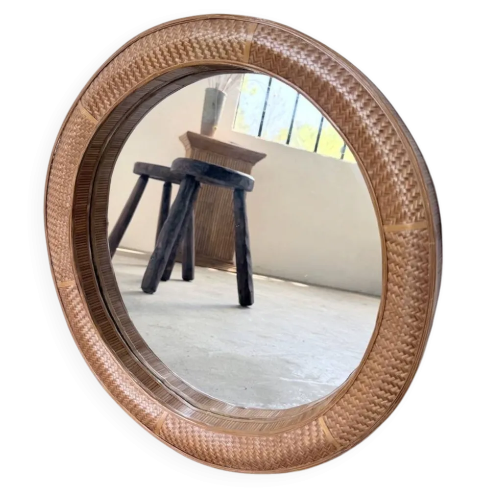 Miroir rond osier tressé 1960