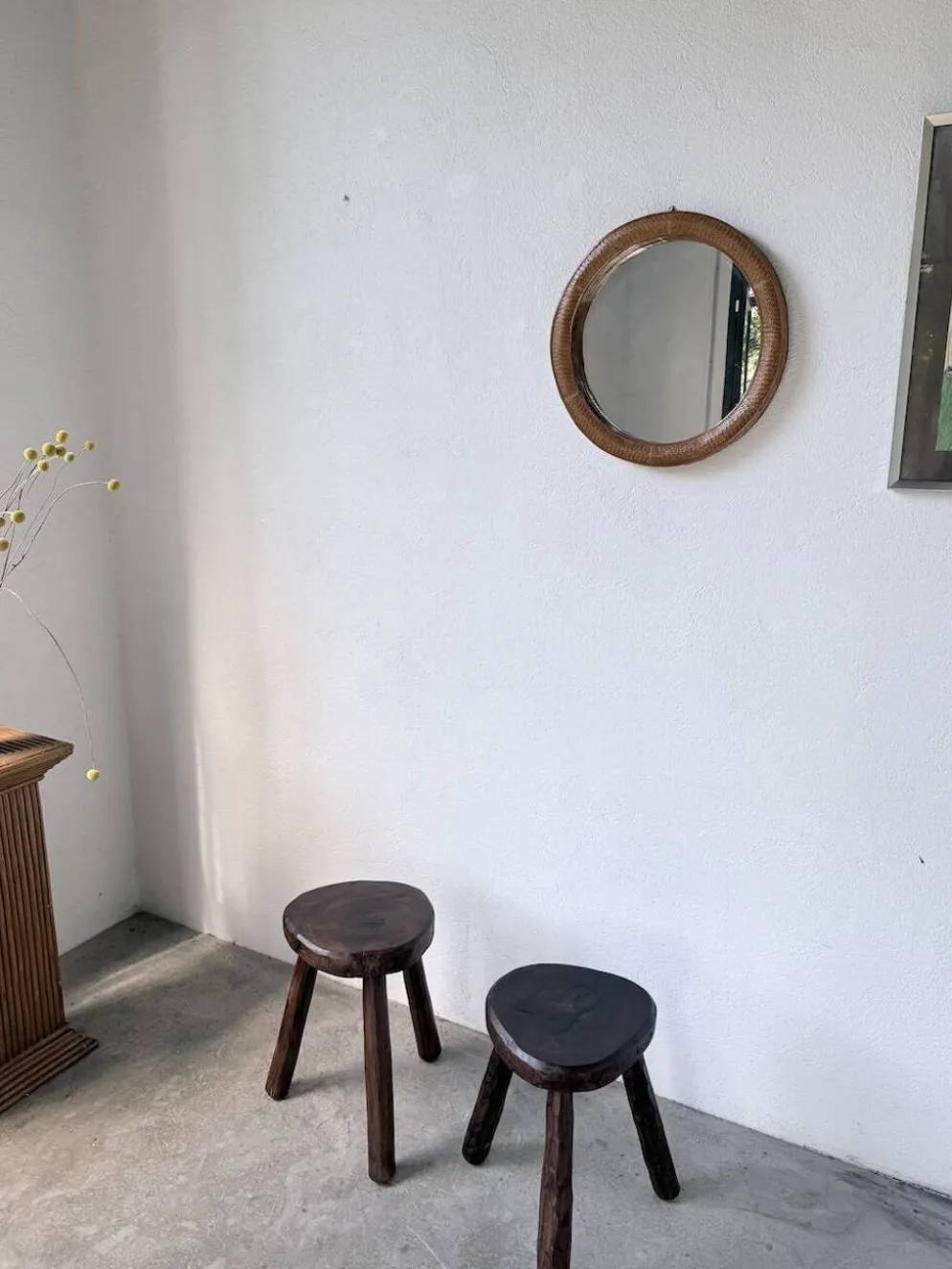 Miroir rond osier tressé 1960