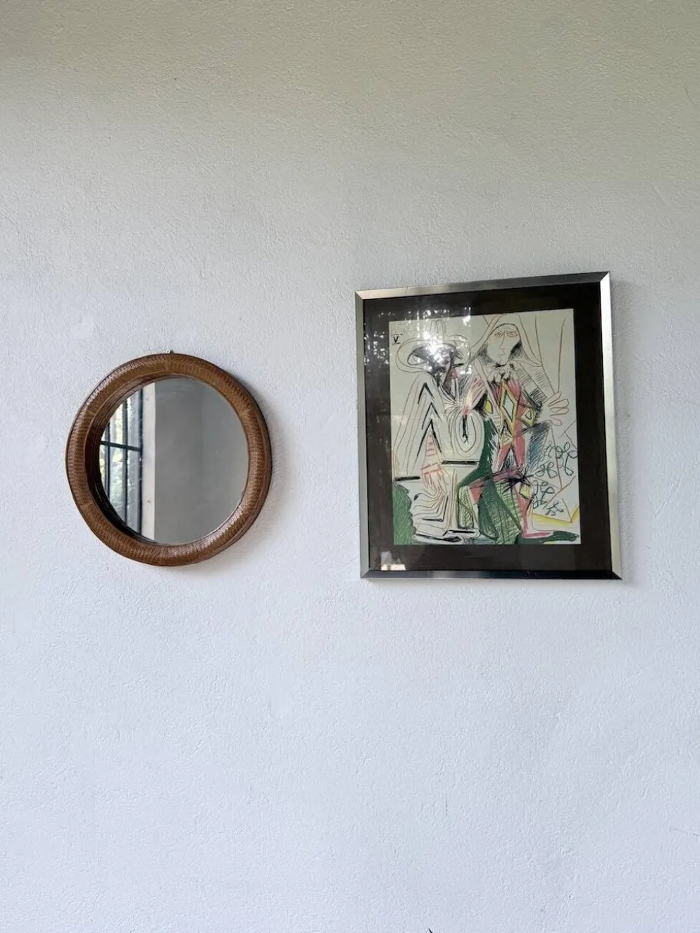 Miroir rond osier tressé 1960