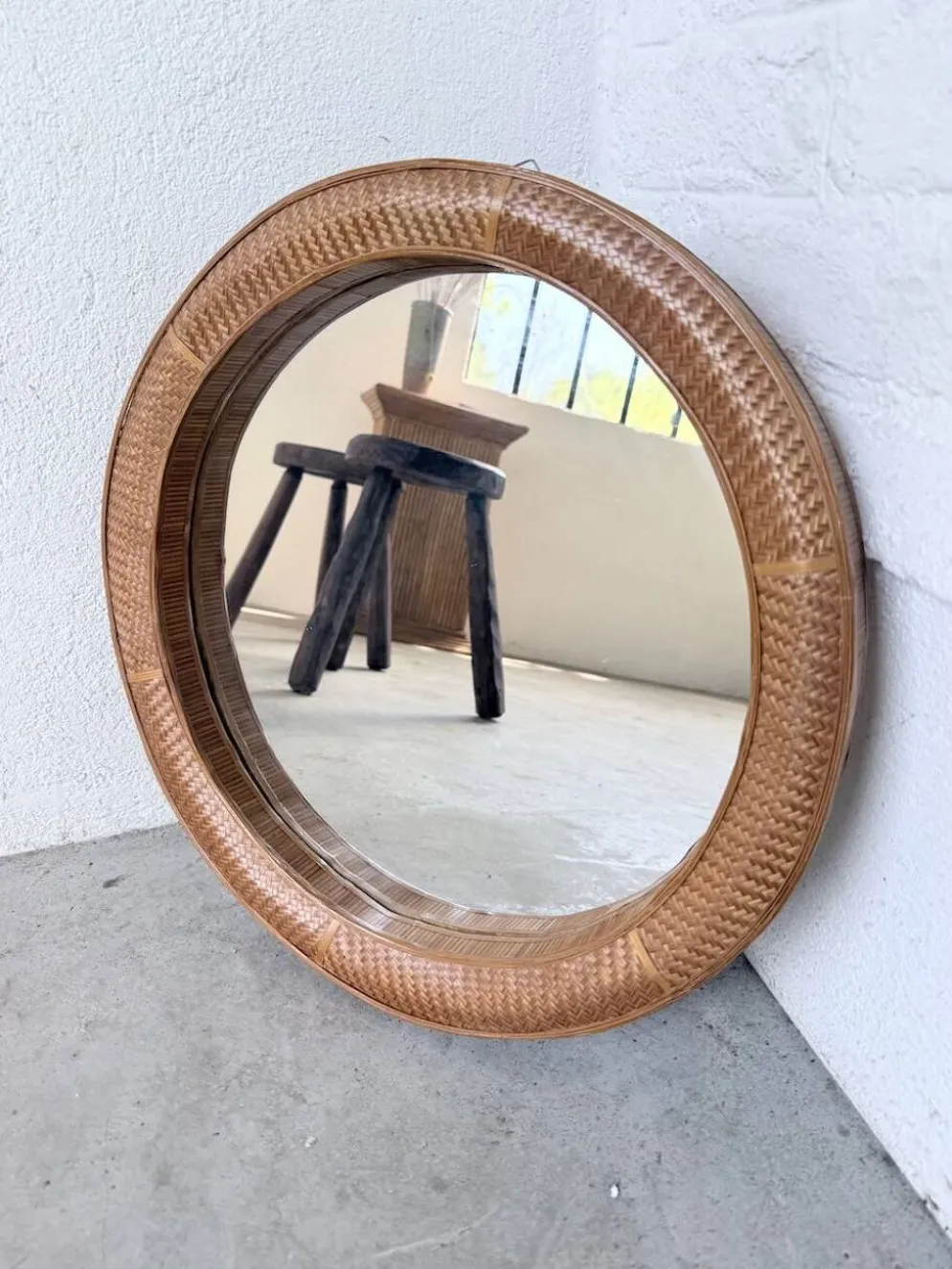 Miroir rond osier tressé 1960