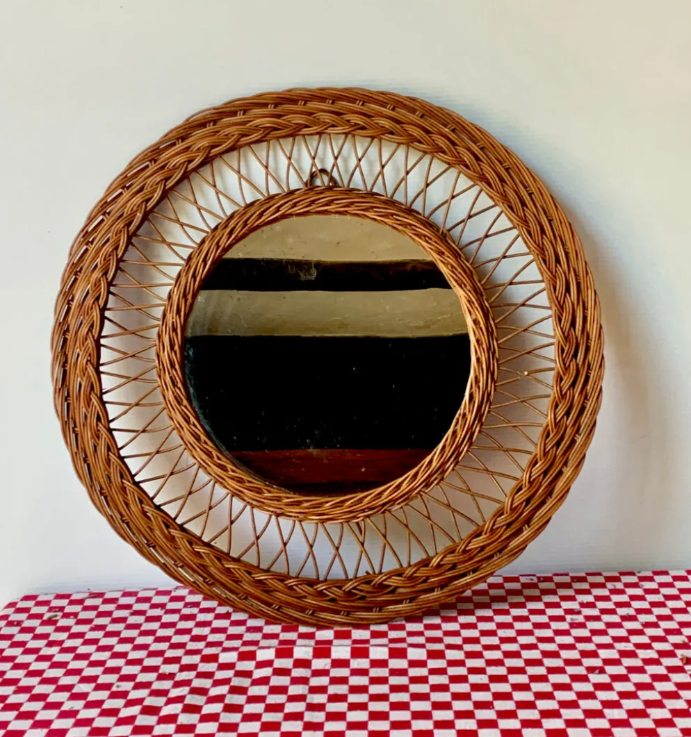 Miroir rond rotin 1950