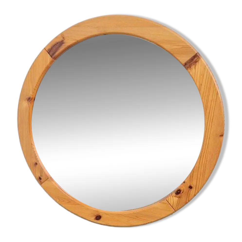Miroir rond scandinave en pin, années 1970