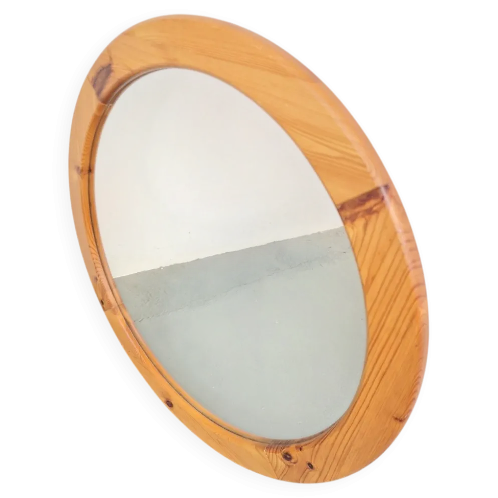 Miroir rond scandinave en pin, années 1970