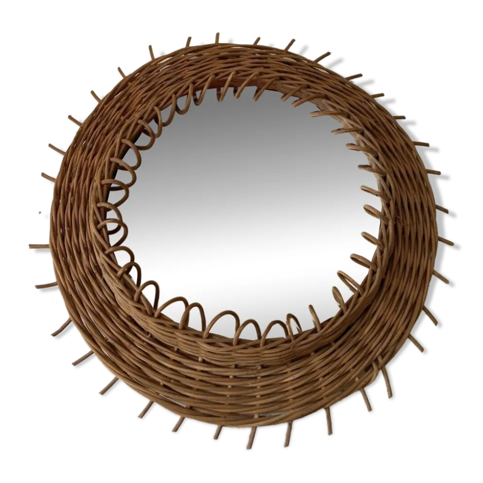 Miroir rond soleil en osier vintage 1950