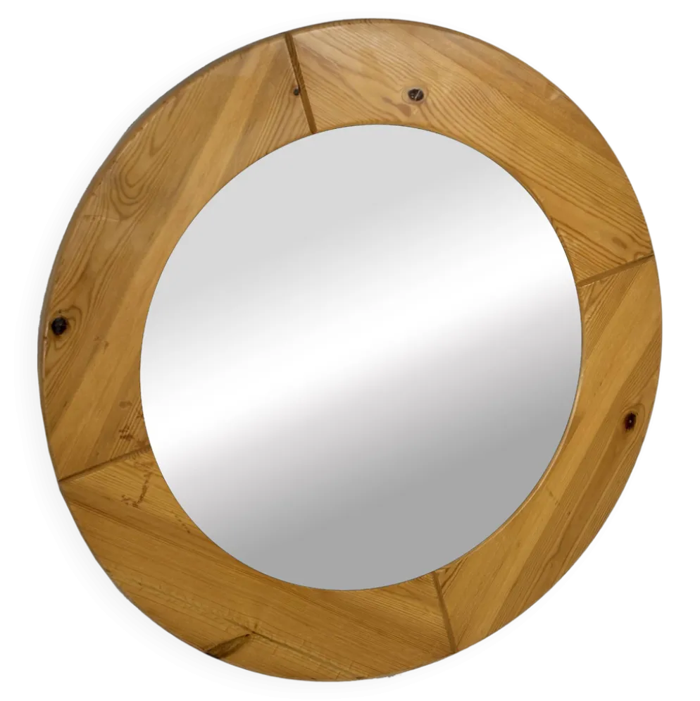 Miroir rond vintage en pin des années 70, design suédois