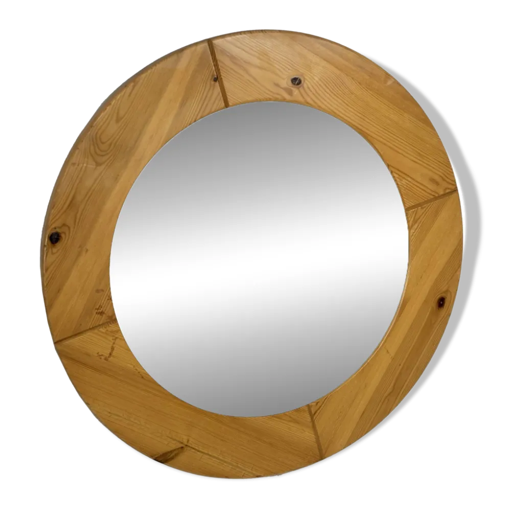 Miroir rond vintage en pin des années 70, design suédois