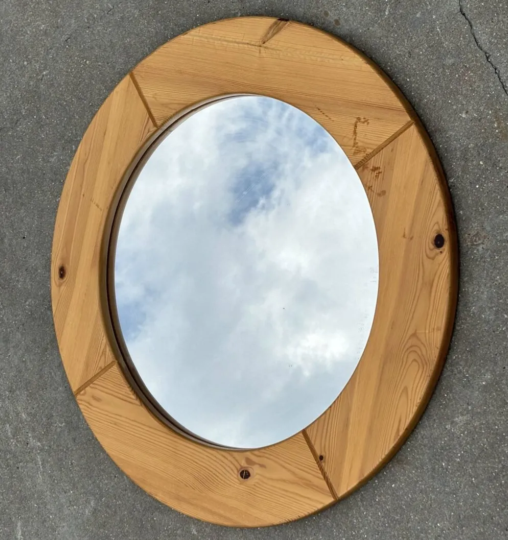 Miroir rond vintage en pin des années 70, design suédois