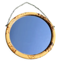 Miroir rond vintage en rotin diamètre 20 cm avec chaîne d’accroche