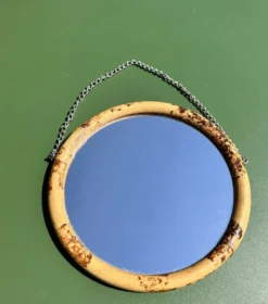 Miroir rond vintage en rotin diamètre 20 cm avec chaîne d’accroche