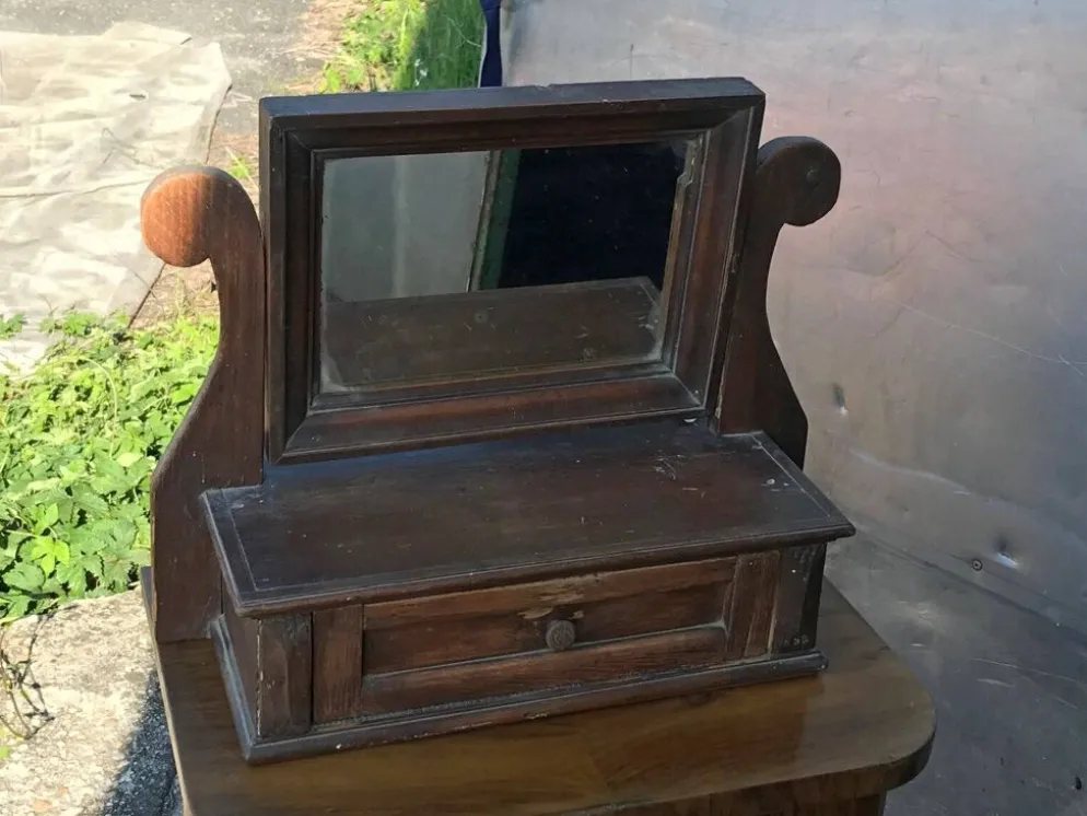 Miroir rustique en pin marron, style allemand 1920s avec caisson tiroir décoratif