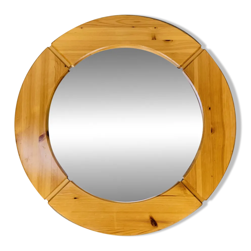 Miroir scandinave rond pin massif par Glasmäster Markaryd, Suède, 70's